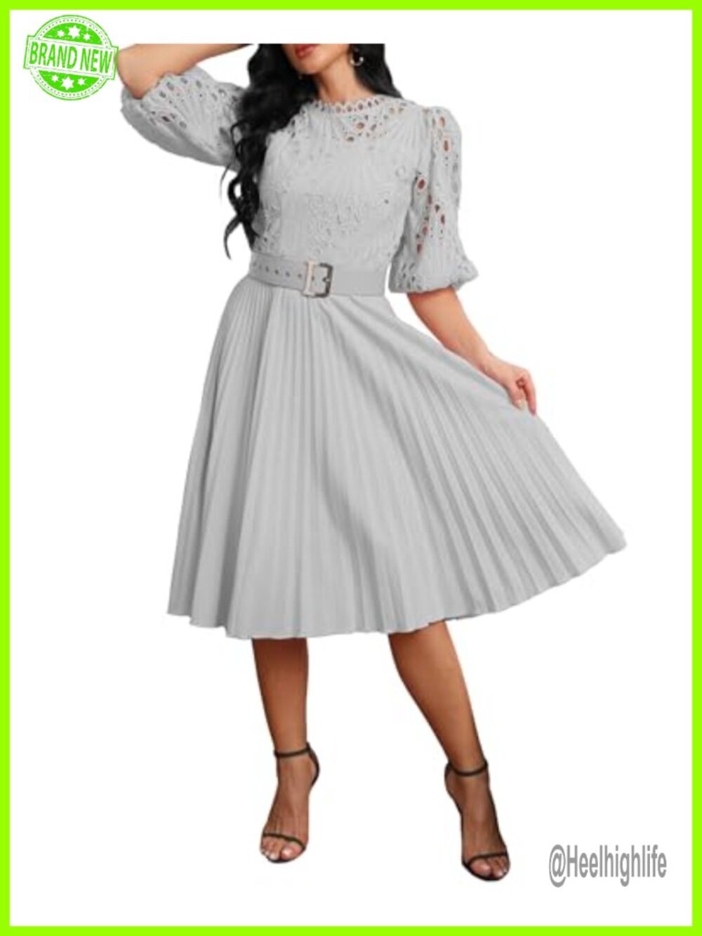 Lace Pleated Midi Dress Puff Sleeve Zipper Belt Party Evening